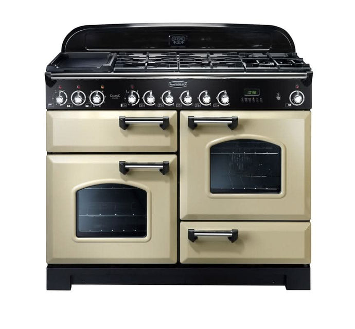 dual fuel rangemaster classic deluxe 110 in cream with chrome trim