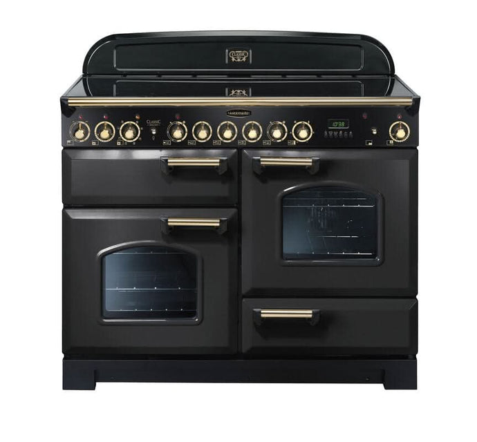 ceramic rangemaster classic deluxe 110 in charcoal black with brass trim