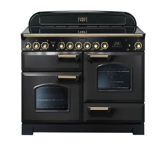 induction rangemaster classic deluxe 110 in charcoal black with brass trim