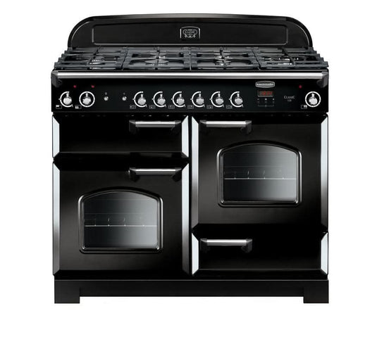 dual fuel rangemaster classic 110 in black with chrome trim
