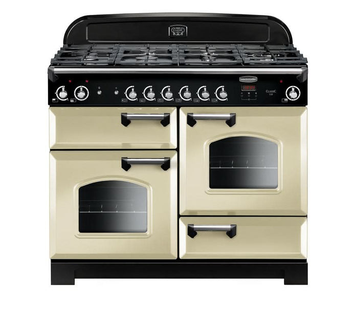 dual fuel rangemaster classic 110 in cream with chrome trim