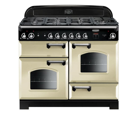 dual fuel rangemaster classic 110 in cream with chrome trim