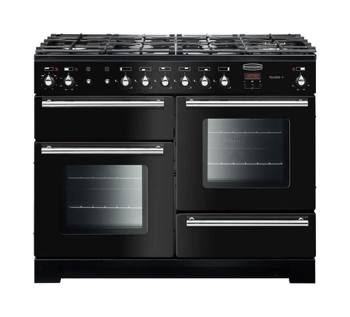 dual fuel rangemaster toledo plus 110 in black with chrome trim