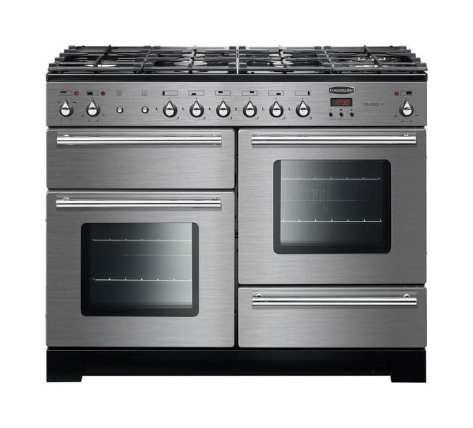 dual fuel rangemaster toledo plus 110 in stainless steel with chrome trim