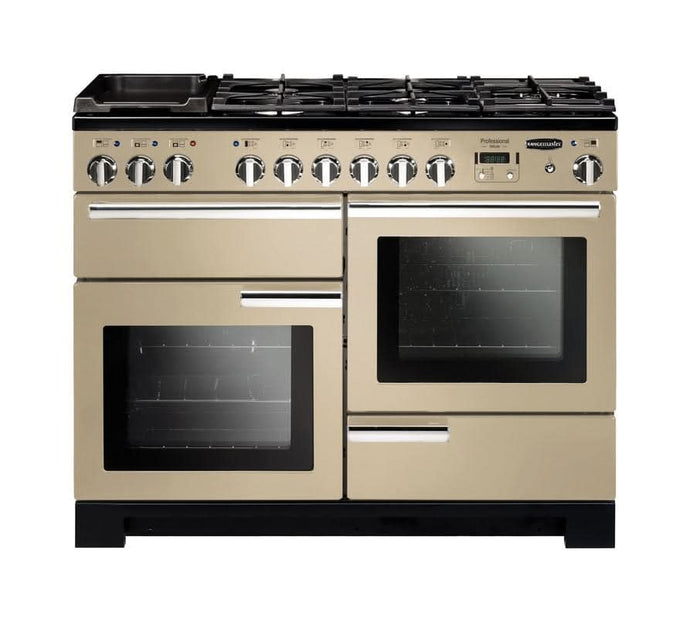 dual fuel rangemaster professional deluxe 110 in cream with chrome trim