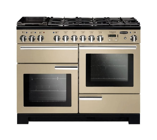 dual fuel rangemaster professional deluxe 110 in cream with chrome trim
