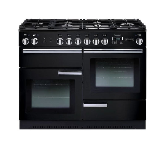 dual fuel rangemaster professional plus 110 in black with chrome trim