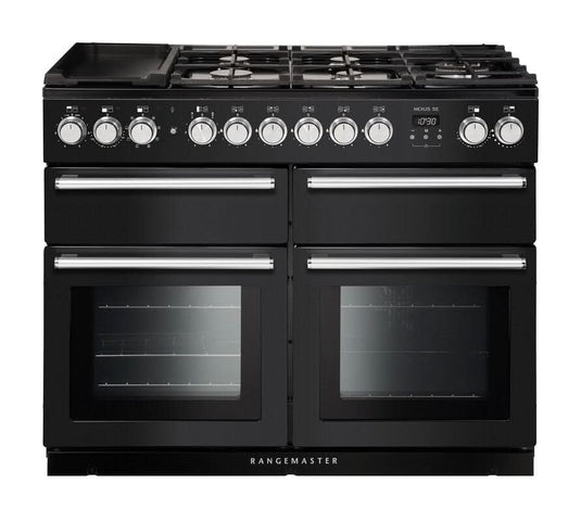 dual fuel rangemaster nexus se 110 in black with chrome trim
