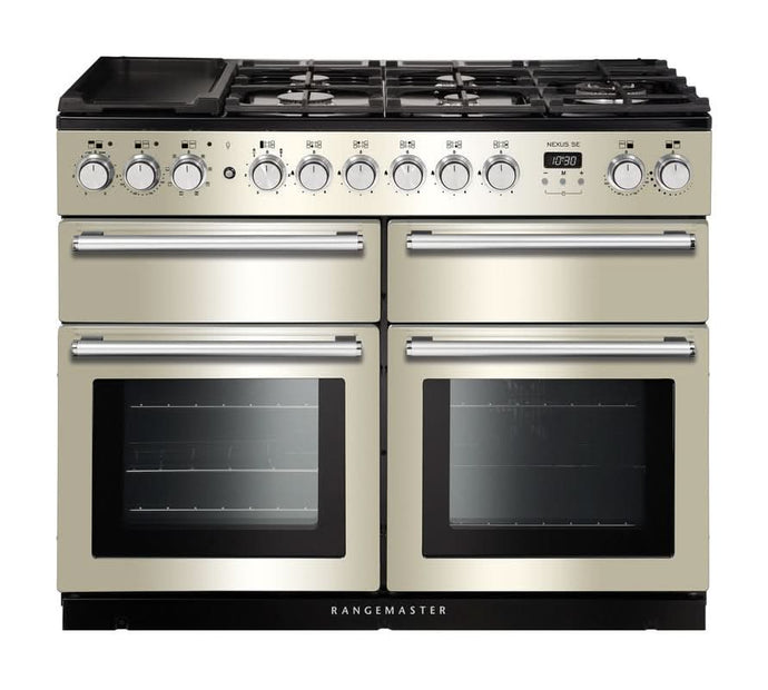 dual fuel rangemaster nexus se 110 in ivory with chrome trim