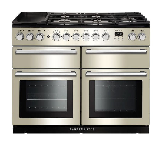 dual fuel rangemaster nexus se 110 in ivory with chrome trim