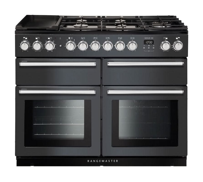 dual fuel rangemaster nexus se 110 in slate with chrome trim