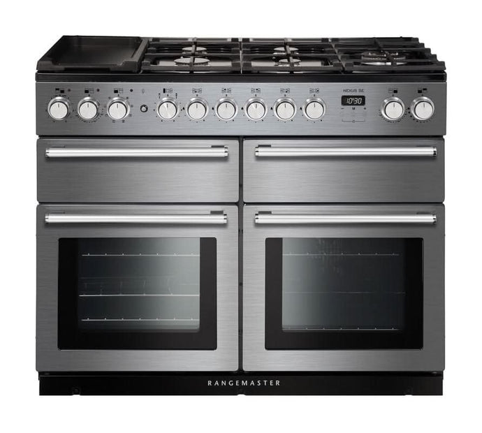dual fuel rangemaster nexus se 110 in stainless steel with chrome trim