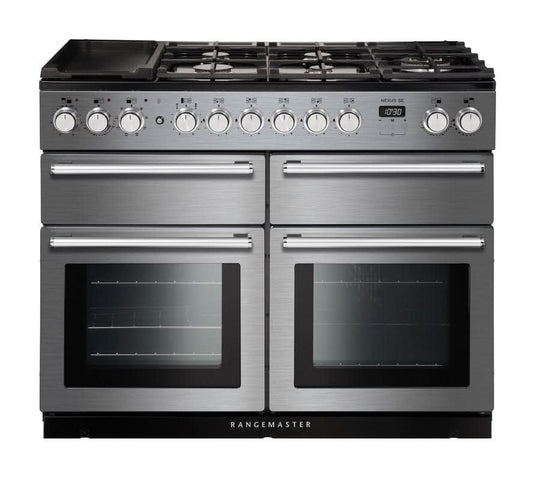 dual fuel rangemaster nexus se 110 in stainless steel with chrome trim