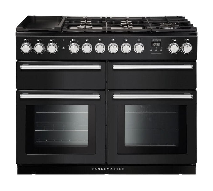 dual fuel rangemaster nexus se 110 in charcoal black with chrome trim