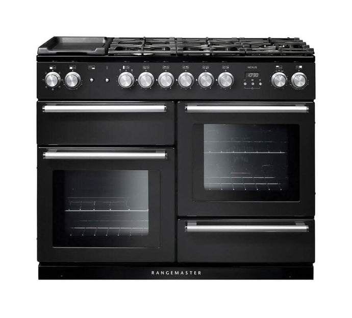 dual fuel rangemaster nexus 110 in black with chrome trim