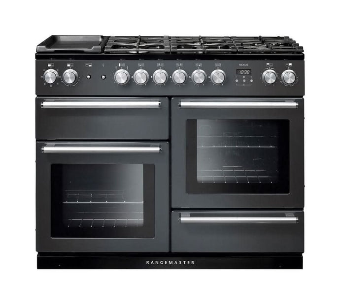 dual fuel rangemaster nexus 110 in slate with chrome trim