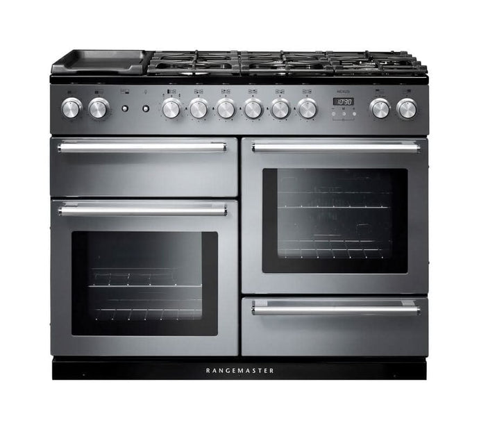 dual fuel rangemaster nexus 110 in stainless steel with chrome trim