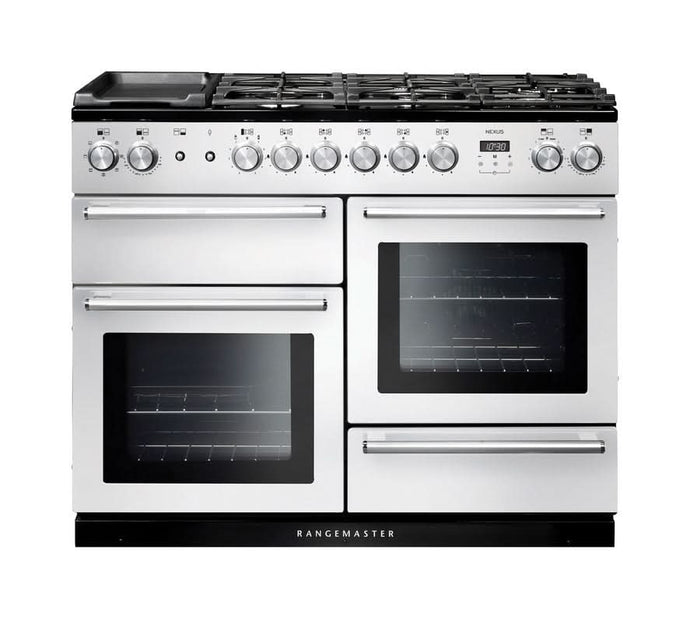 dual fuel rangemaster nexus 110 in white with chrome trim