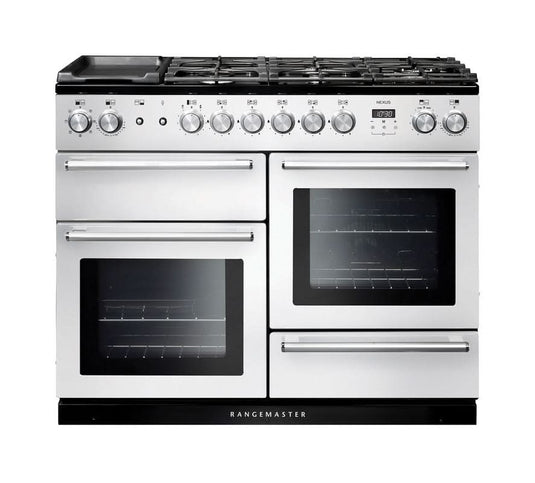 dual fuel rangemaster nexus 110 in white with chrome trim