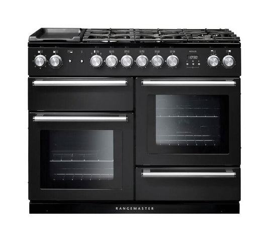 dual fuel rangemaster nexus 110 in charcoal black with chrome trim