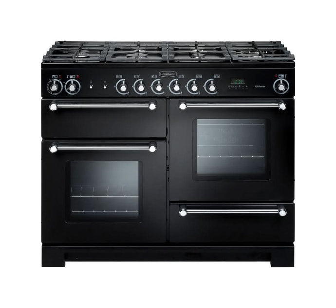 dual fuel rangemaster kitchener 110 in black with chrome trim