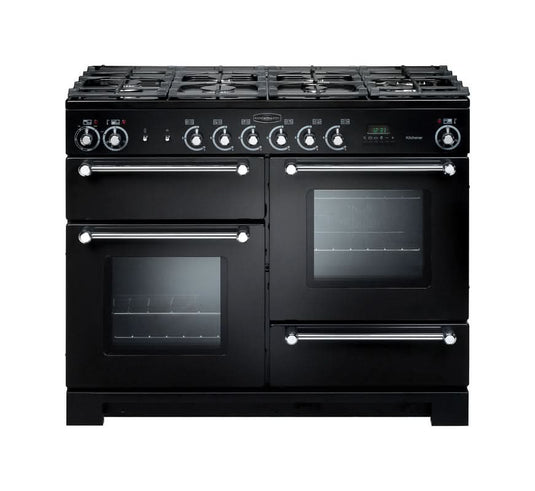 dual fuel rangemaster kitchener 110 in black with chrome trim