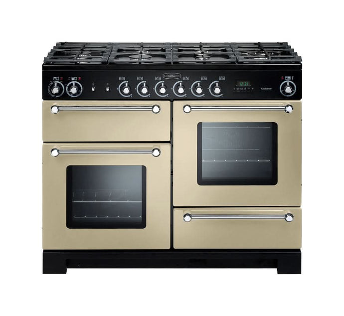 dual fuel rangemaster kitchener 110 in cream with chrome trim