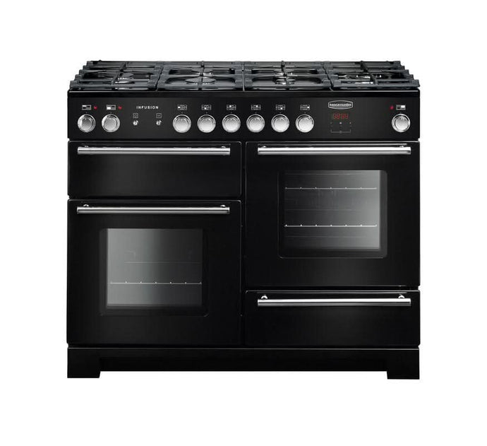 dual fuel rangemaster infusion 110 in black with chrome trim
