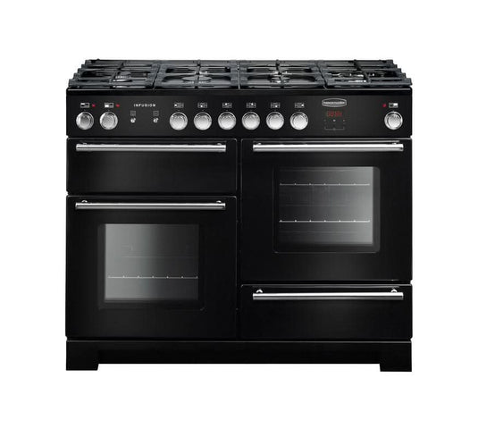 dual fuel rangemaster infusion 110 in black with chrome trim