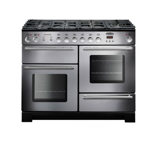 dual fuel rangemaster infusion 110 in stainless steel with chrome trim