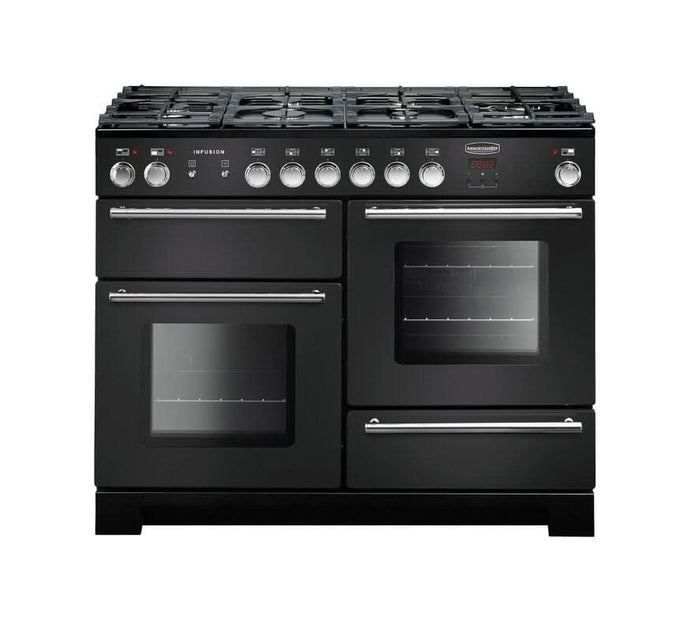 dual fuel rangemaster infusion 110 in charcoal black with chrome trim