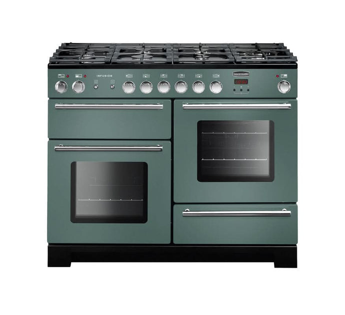 dual fuel rangemaster infusion 110 in mineral green with chrome trim