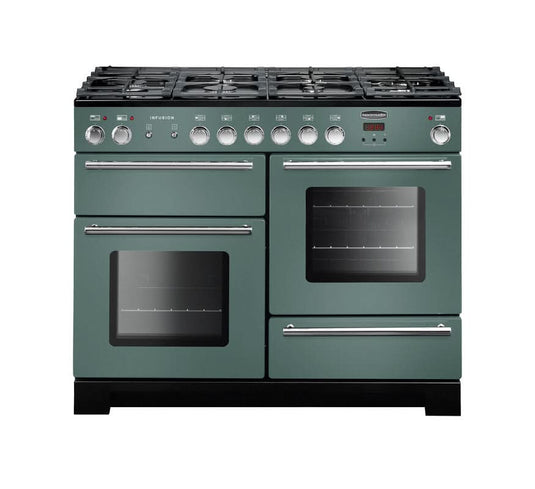 dual fuel rangemaster infusion 110 in mineral green with chrome trim