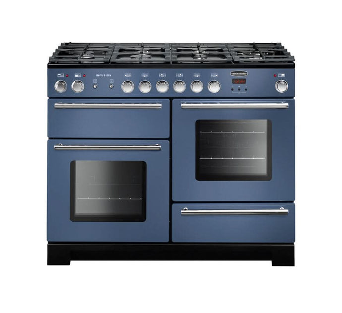 dual fuel rangemaster infusion 110 in stone blue with chrome trim