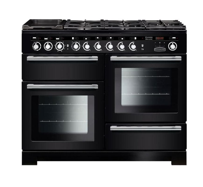 dual fuel rangemaster encore deluxe 110 in black with chrome trim