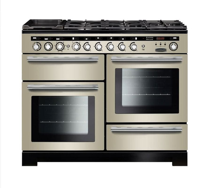dual fuel rangemaster encore deluxe 110 in ivory with chrome trim