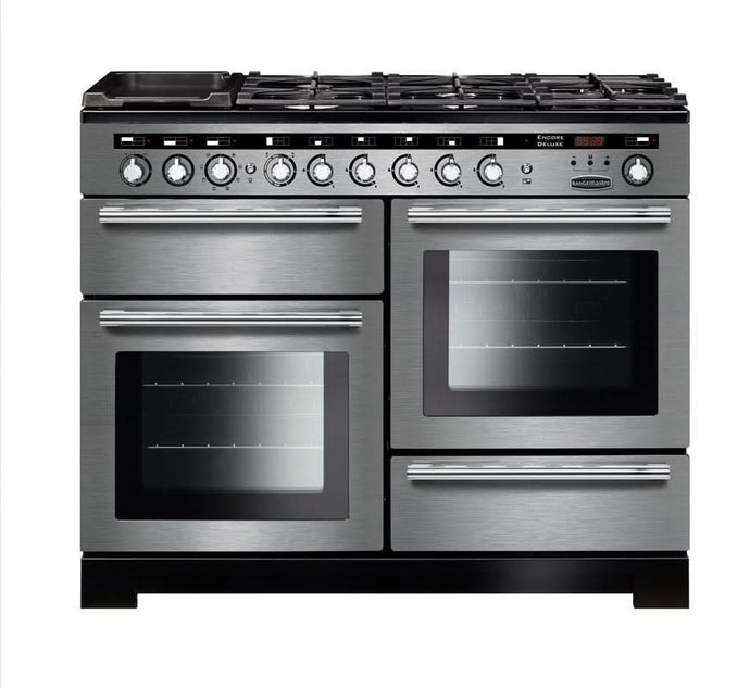 dual fuel rangemaster encore deluxe 110 in stainless steel with chrome trim