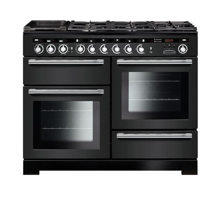 dual fuel rangemaster encore deluxe 110 in charcoal black with chrome trim