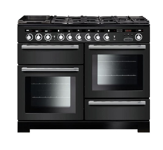 dual fuel rangemaster encore deluxe 110 in charcoal black with chrome trim