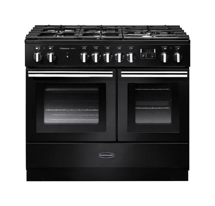 dual fuel rangemaster professional plus fx 100 in gloss black with chrome trim