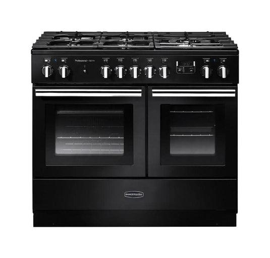 dual fuel rangemaster professional plus fx 100 in gloss black with chrome trim