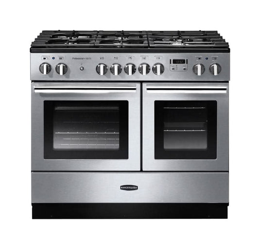 dual fuel rangemaster professional plus fx 100 in stainless steel with chrome trim