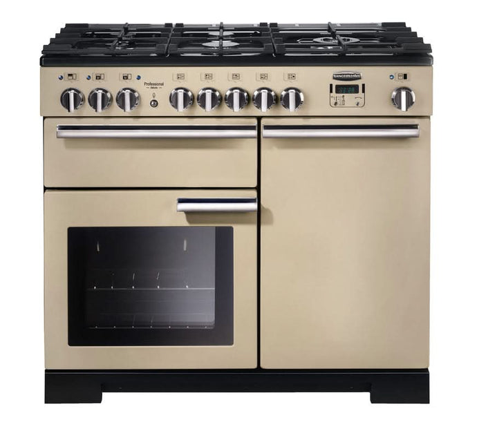 dual fuel rangemaster professional deluxe 100 in cream with chrome trim