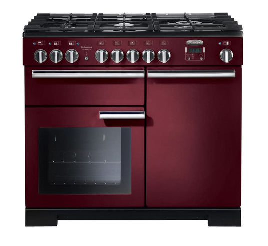 dual fuel rangemaster professional deluxe 100 in cranberry with chrome trim
