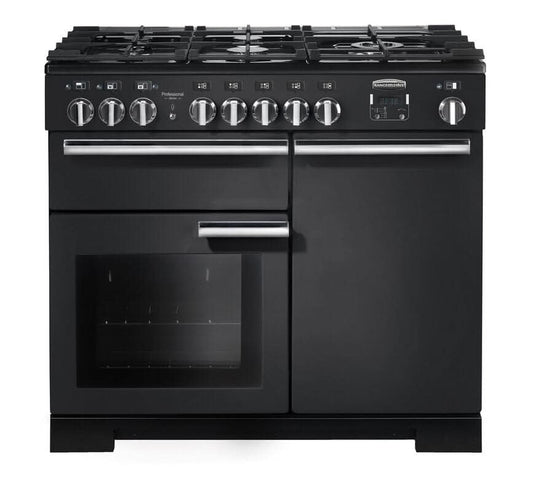 dual fuel rangemaster professional deluxe 100 in black with chrome trim