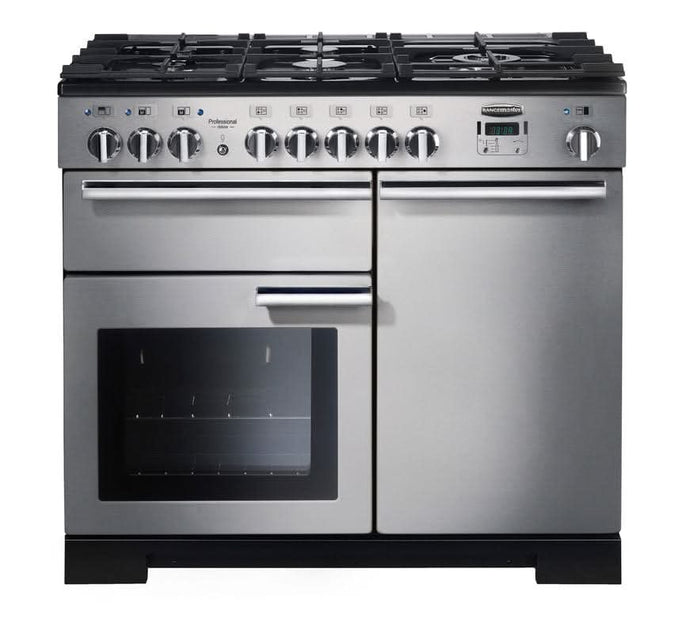 dual fuel rangemaster professional deluxe 100 in stainless steel with chrome trim