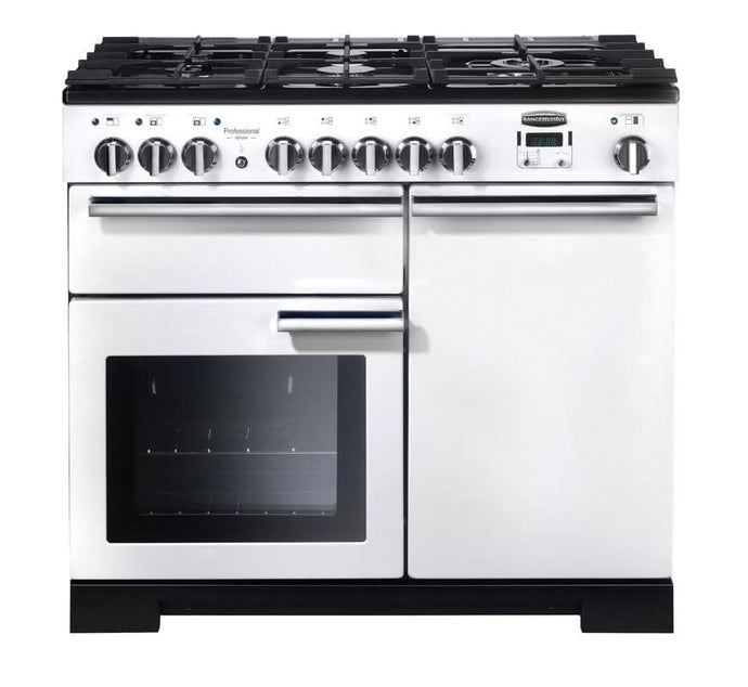 dual fuel rangemaster professional deluxe 100 in white with chrome trim