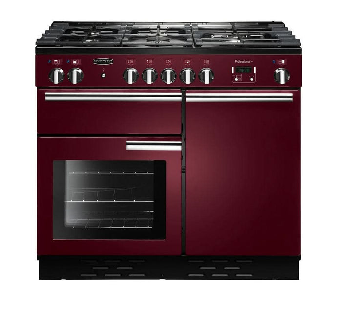 dual fuel rangemaster professional plus 100 in cranberry with chrome trim