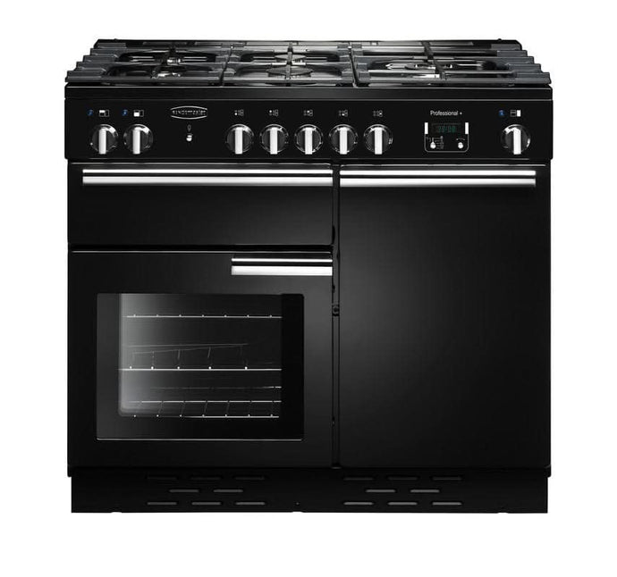 dual fuel rangemaster professional plus 100 in black with chrome trim