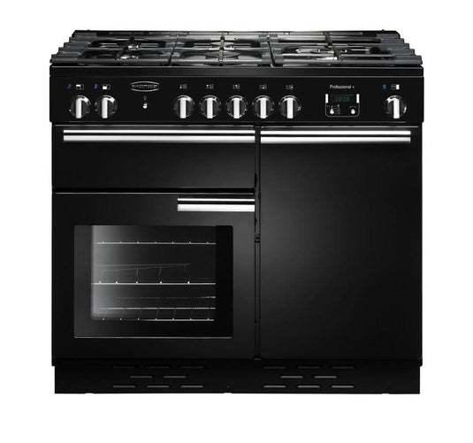 dual fuel rangemaster professional plus 100 in black with chrome trim